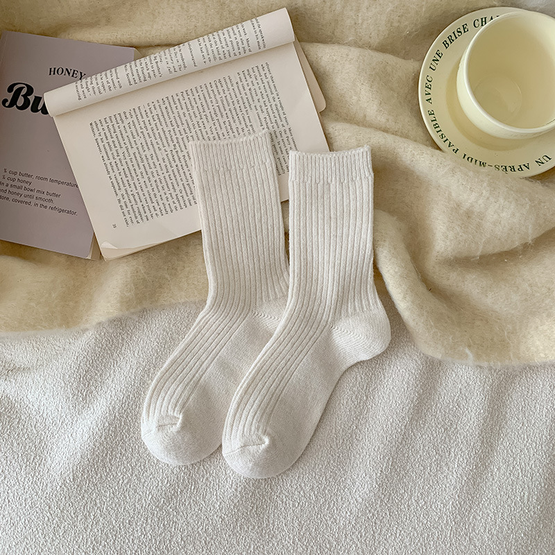 羊毛袜子女秋冬月子袜加厚保暖居家地板冬天日系简约羊绒堆堆长袜