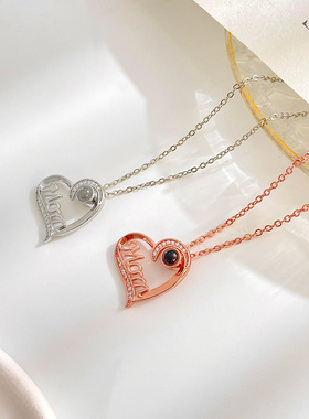 欧美镶钻MOM字母心形项链时尚个性100种语言投影锁骨链母亲节项饰