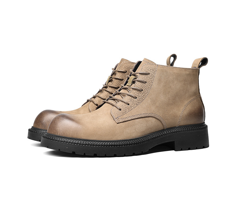 Bốt Martin nam da bò cổ vừa đế dày lót nhung giữ ấm — Màu đen, Màu camel, Màu xám, Màu đen lót nhung giữ ấm