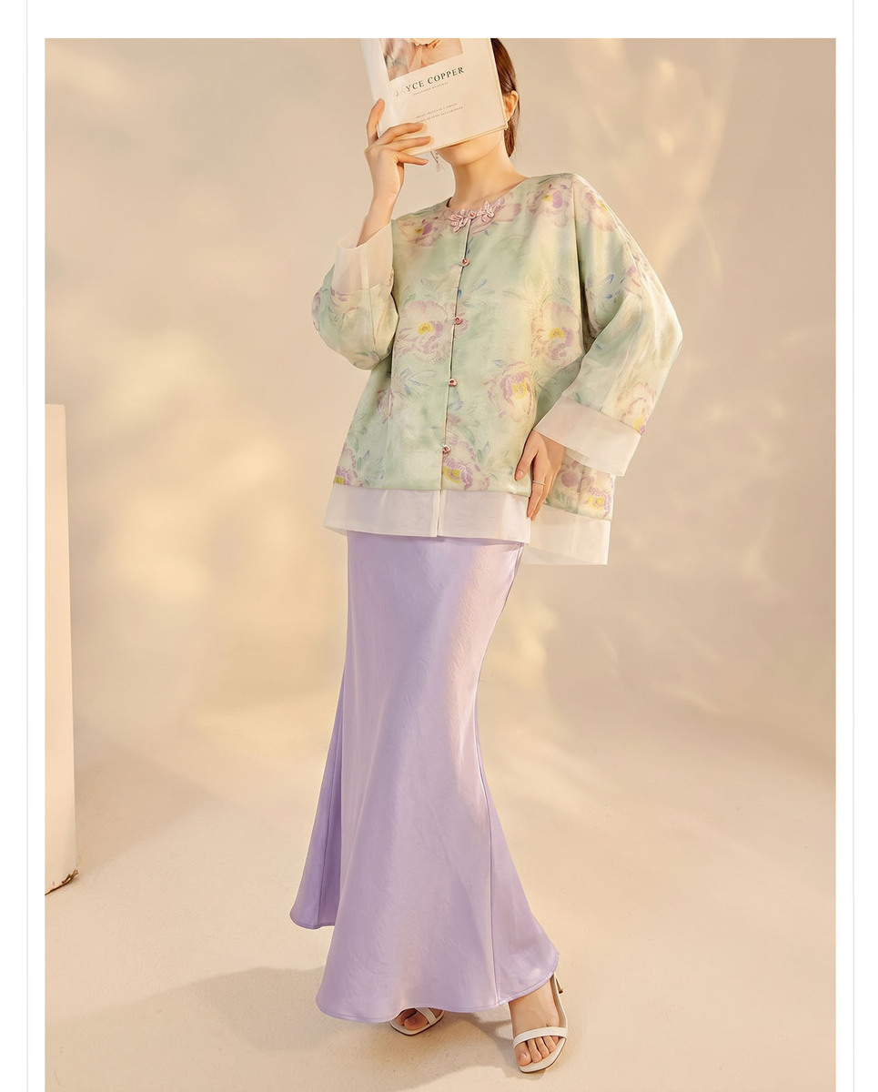 Bộ áo khoác dệt jacquard dáng dài tay kèm chân váy dài nữ tính — Chân váy màu tím, Xuân Huy Lục, Bộ