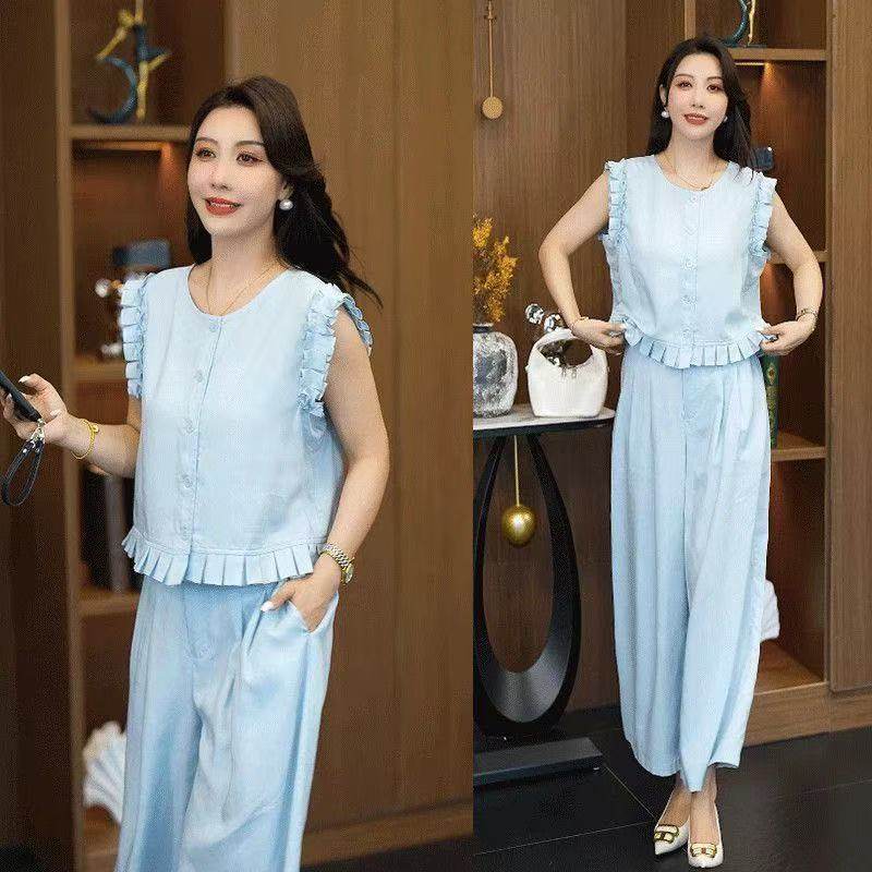 Fashion Suit for Women 2025 Summer New Style Slimming Ear-Hem Sleeveless Vest and Wide-Leg Pants Two-Piece Set