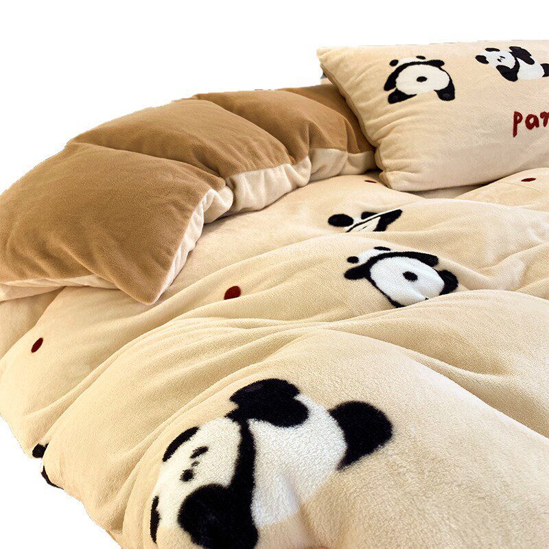 Simple Cartoon High Weight Printed Home Four-Piece Bedding Set Warm Bed Sheetss and Quilt Cover Winter Fleece-Lined