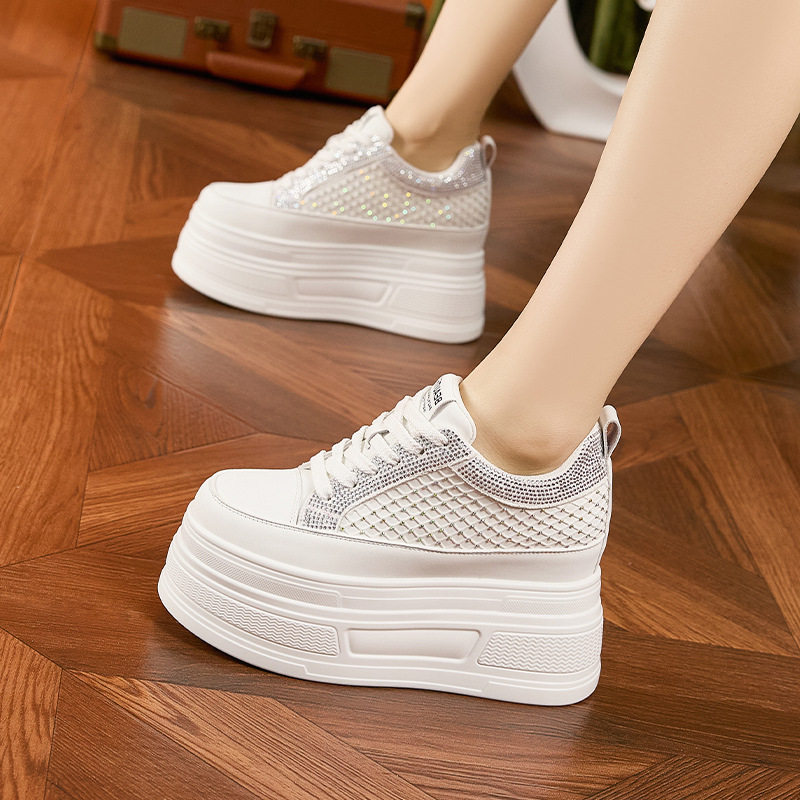 Giày sneaker nữ đế dày rhinestone trắng – phong cách chunky đế cao 8 cm — Trắng, Đen