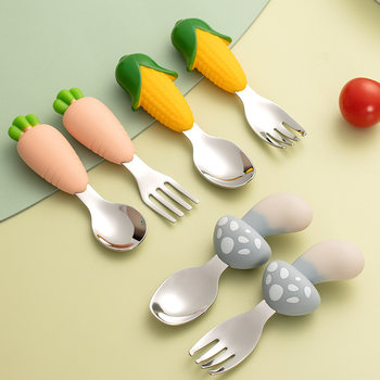 Baby Silicone Spoon Baby Food Tableware Creative Mushroom Children's 304 Stainless Steel Spoon Fork Gift Box Set