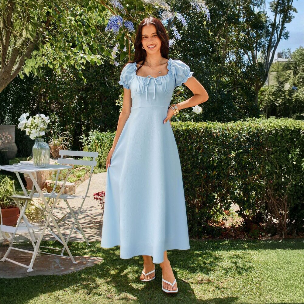 Womens Elegant Solid Color Midi Dress Square Neck Tie Waist A Line Silhouette Summer Casual Wear Wholesale