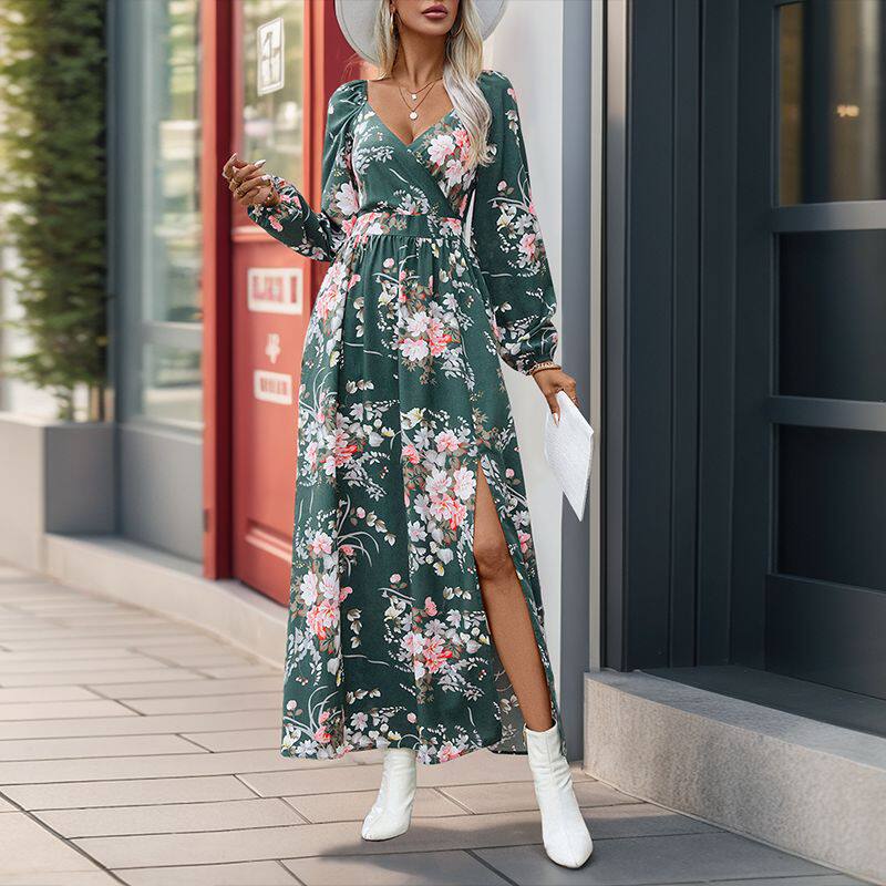 Womens Long Sleeve V Neck Floral Dress Autumn Style European and American Fashion Wholesale Available