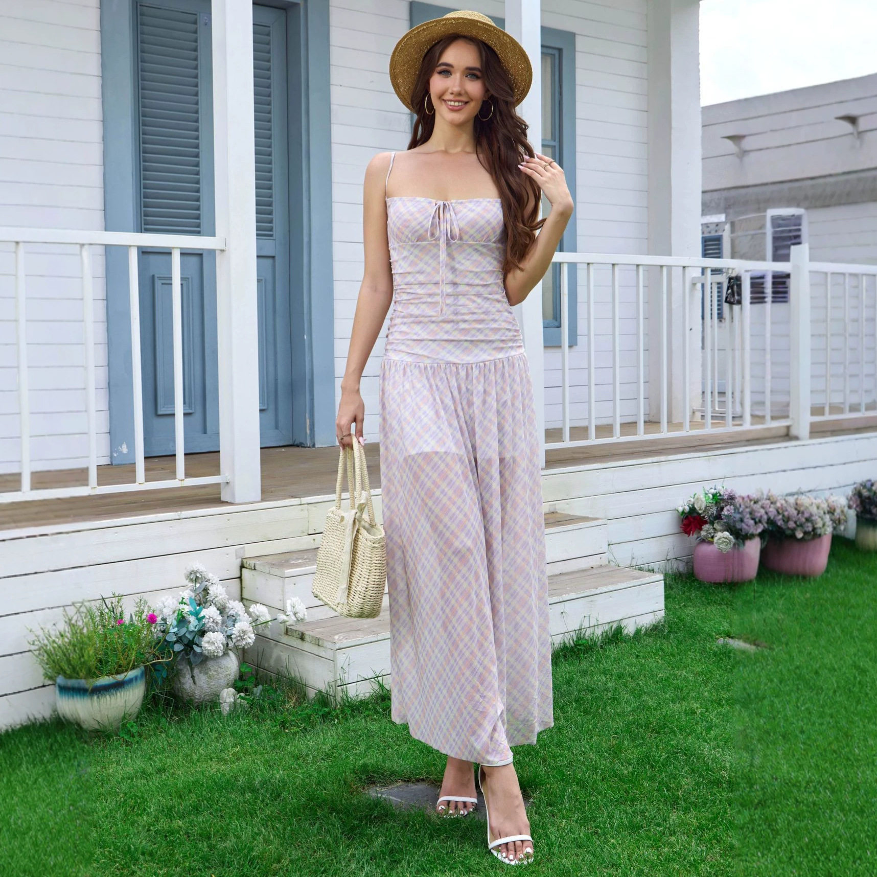 Summer A Line Plaid Maxi Dress Sexy Backless Design Slim Fit Comfortable Fabric Perfect for Parties and Casual