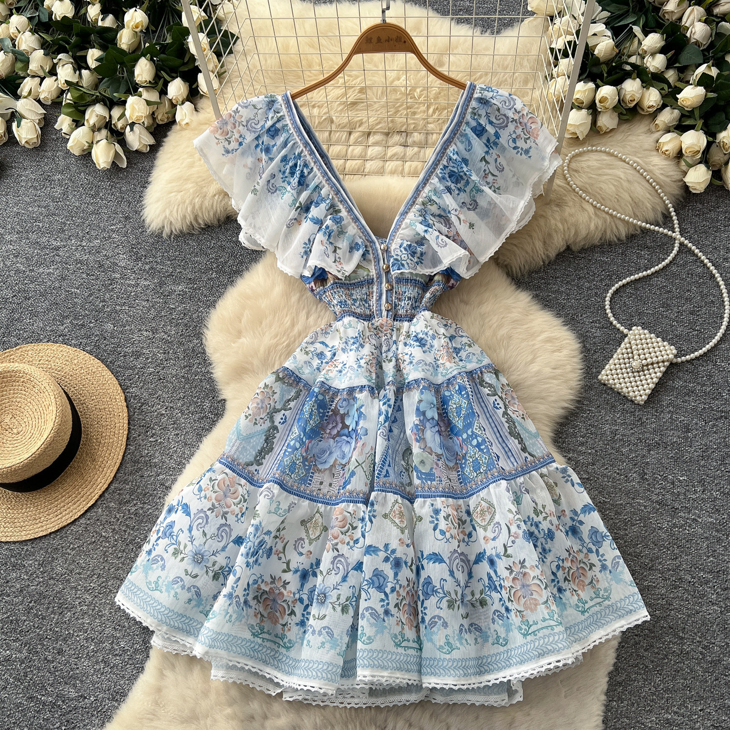 Floral Print A Line Dress V Neck Ruffled Sleeves Slim Fit Summer Vacation Style Wholesale Available