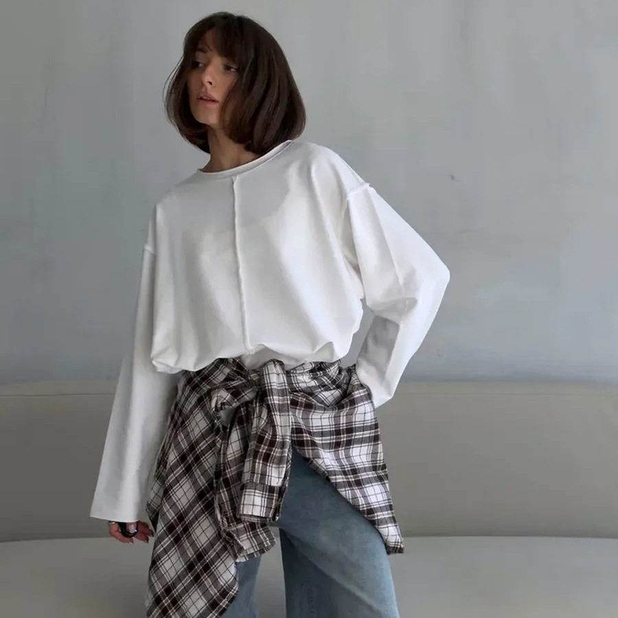 Womens Loose Fit Distressed Cotton Long Sleeve T Shirt Soft Knit Fabric Casual Style Spring Summer Wear Wholesale