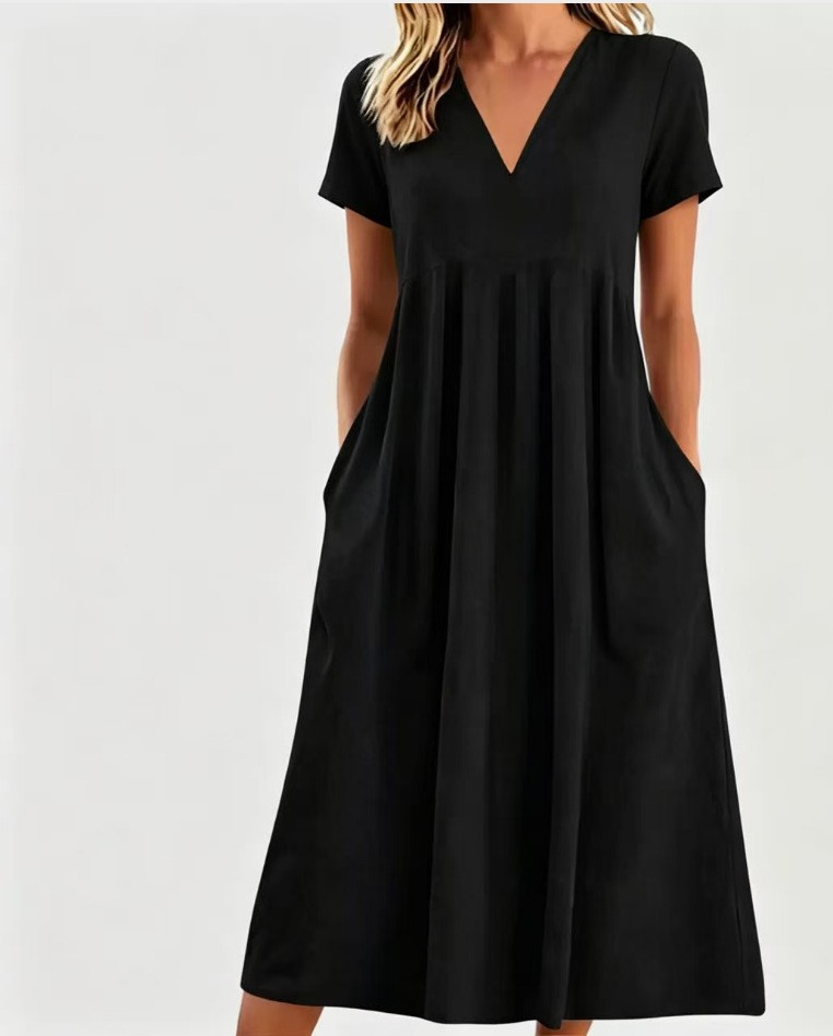 Womens Casual Loose V Neck Short Sleeve Dress Solid Color Spring Summer Style Wholesale Availability