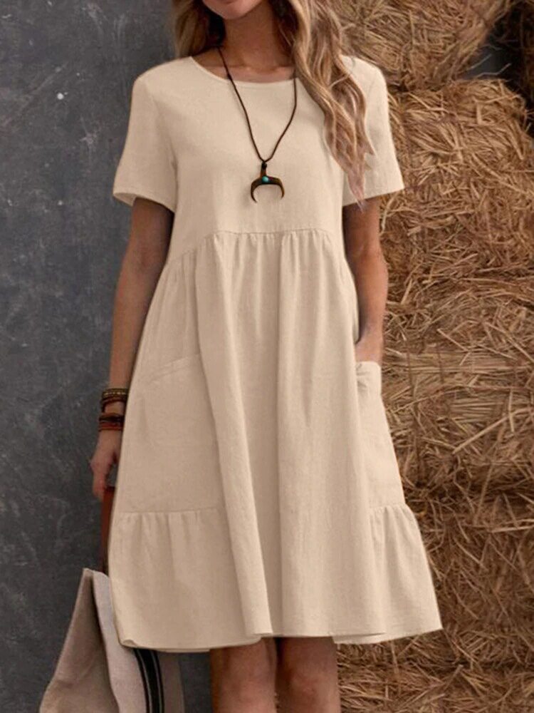 2025夏季欧美跨境TEMU独立站复古宽松口袋纯色圆领女装棉麻连衣裙