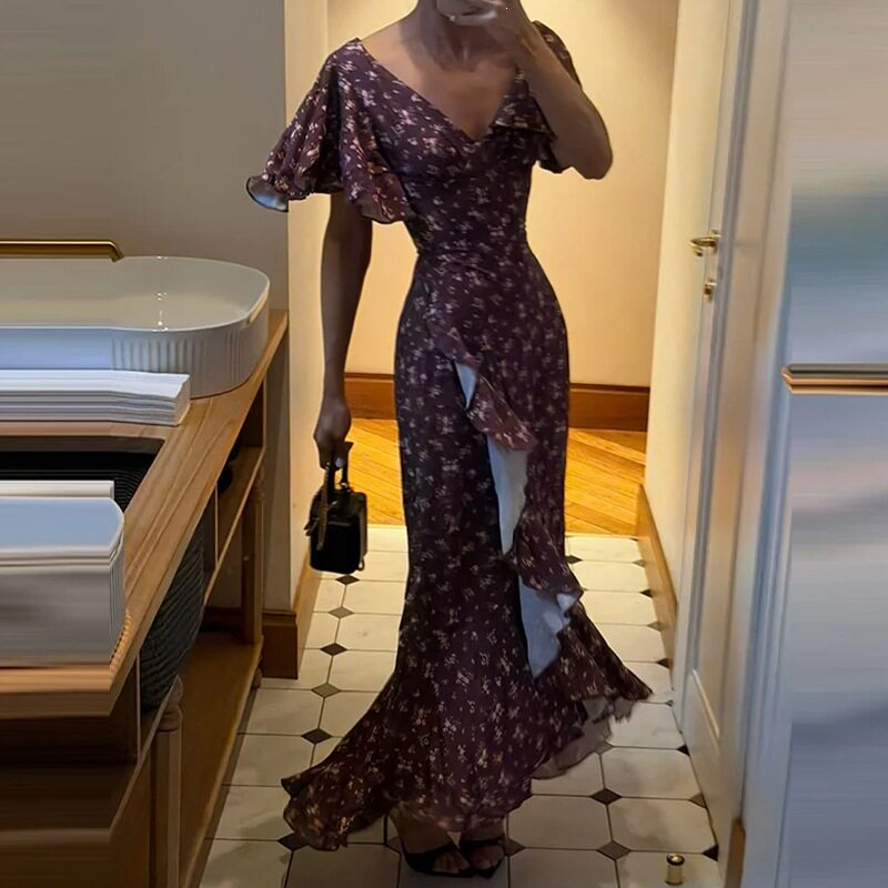 Womens Summer Dress Elegant Casual Style Plant Print Waist Defined Side Slit Perfect for Outdoor Events