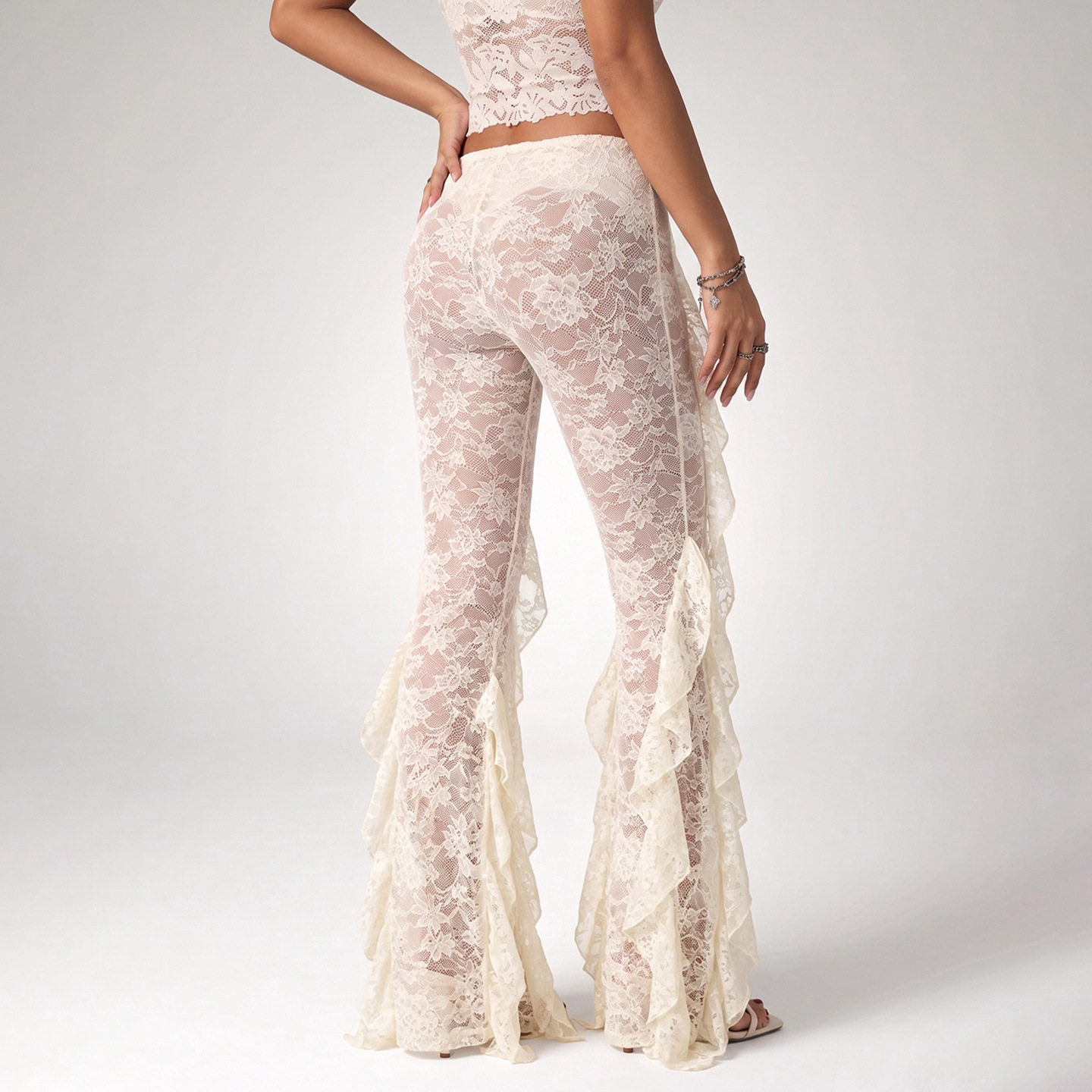 Womens Fashionable Ruffled Hem Slim Fit Pants Sheer Sexy Trendy Autumn Collection Wholesale Available