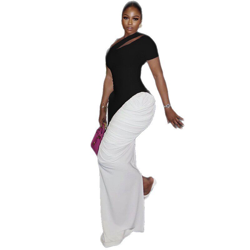Black and White Color Block Bodycon Dress Hollow Out Design Short Sleeve Versatile Style Perfect for Street Fashion