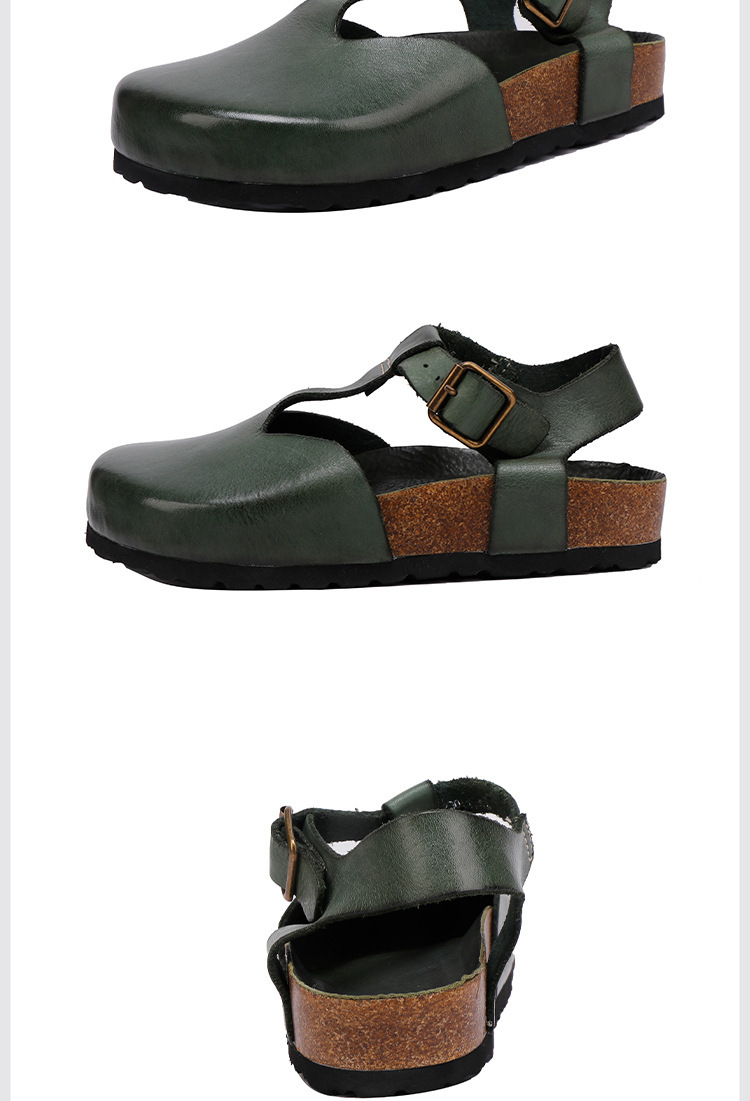 Sandal nữ quai ngang da bò thật phong cách cổ điển, đế bằng êm chân — Màu đen, Màu xanh lá