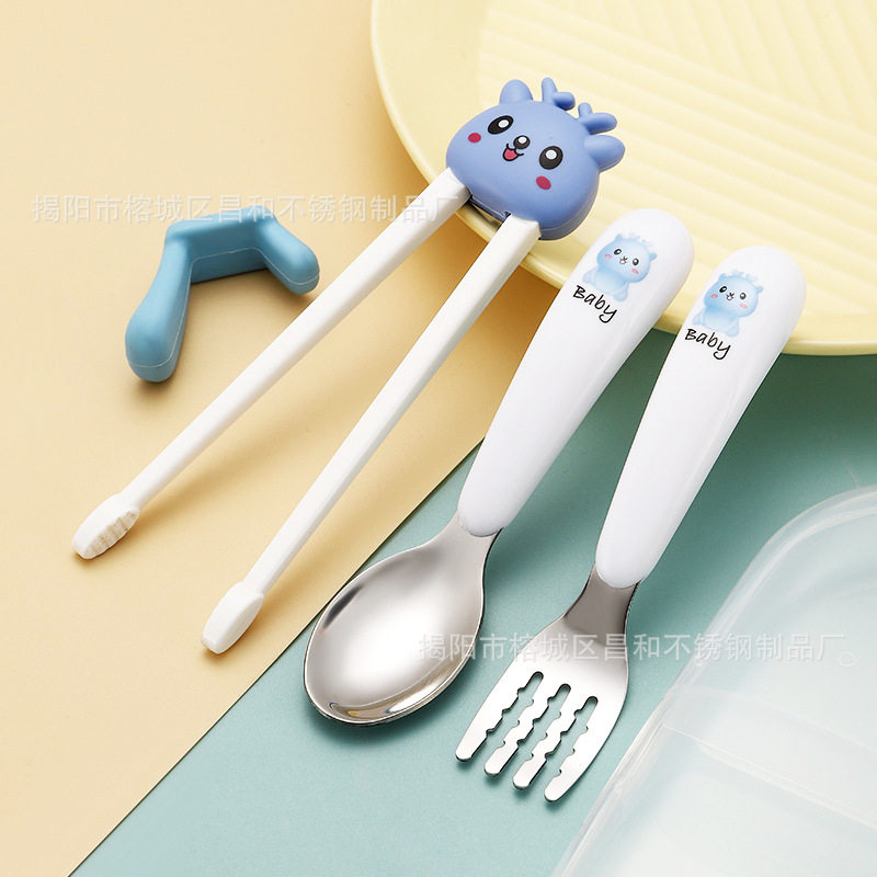 Children's Chopsticks Cartoon Tiger Mouth Rebound Training Chopsticks Baby Left and Right Hands Learn to Eat and Learn Chopsticks Tableware Gift Set