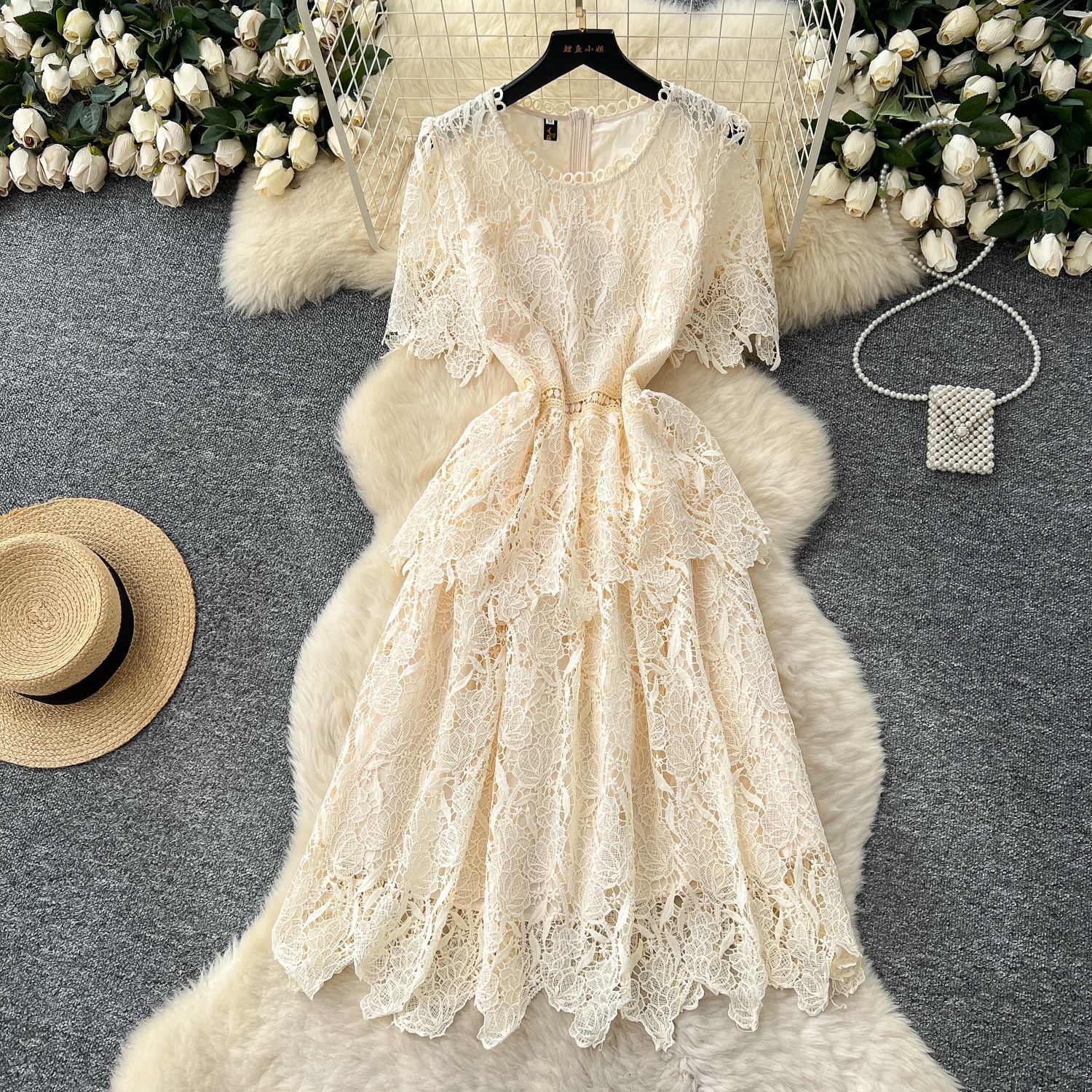 Vintage Short Sleeve Dress for Women Hollow Out Lace Design Waist Defined Elegant Style Perfect for Summer Events