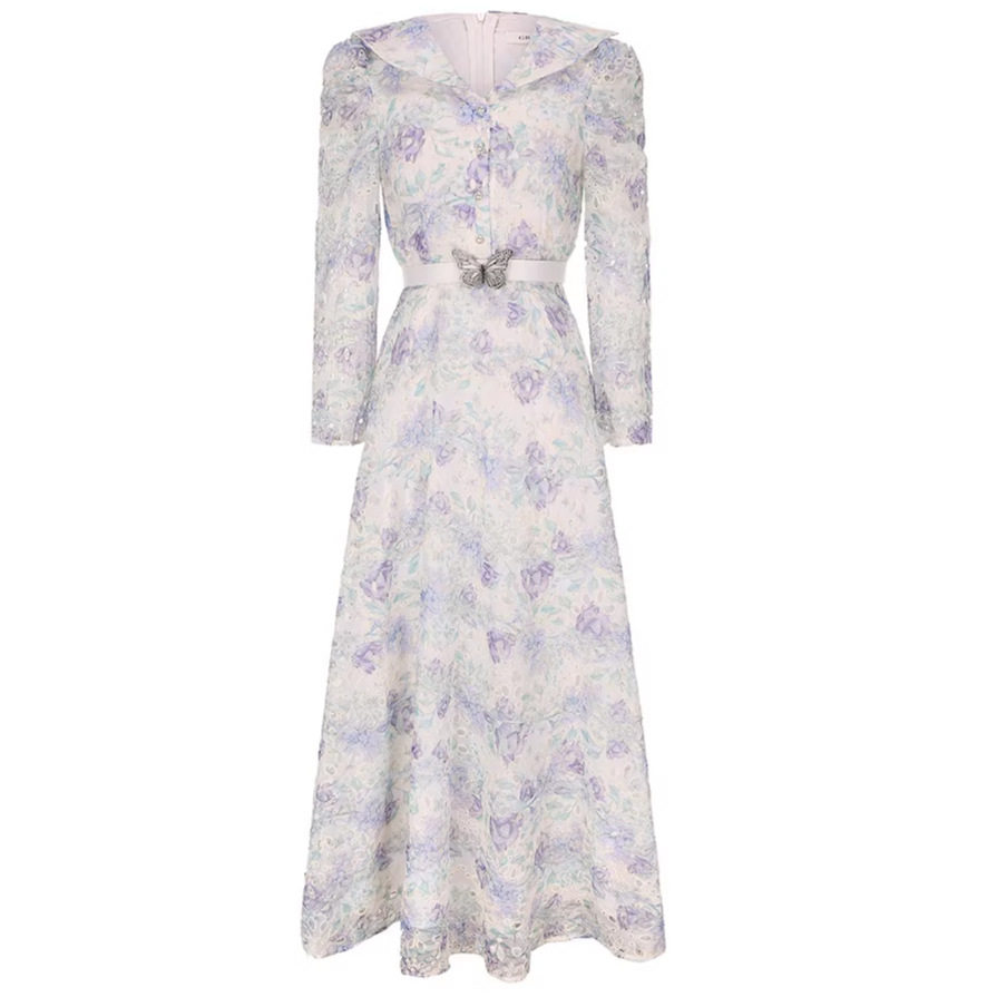 Floral Lace Long Sleeve Dress French Sweet Style Hollow Out Design Waist Defining Elegant for Spring Summer