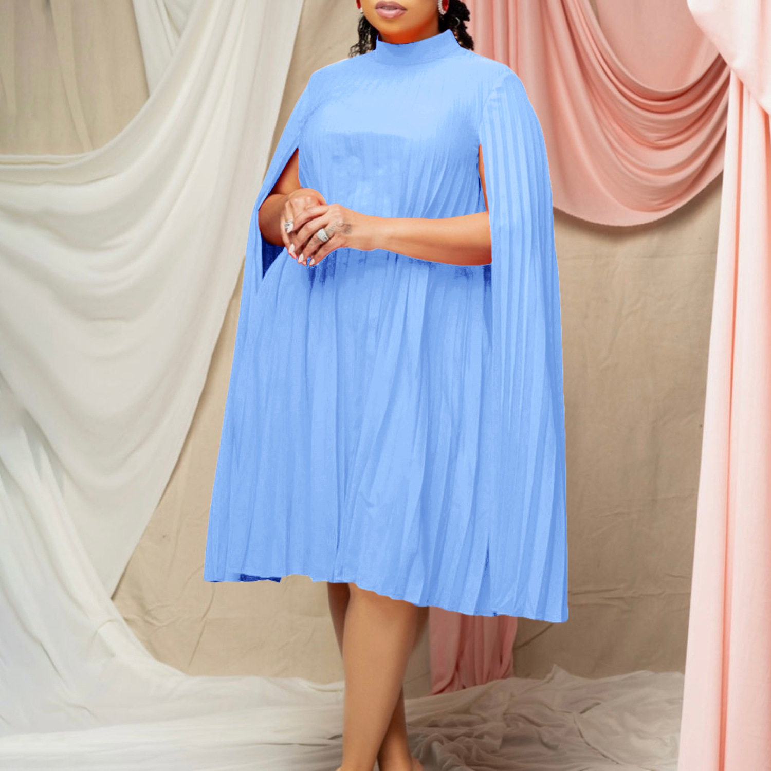 Plus Size Batwing Sleeve Dress Fashionable Loose Fit Pleated Design Elegant Style Spring Collection Wholesale
