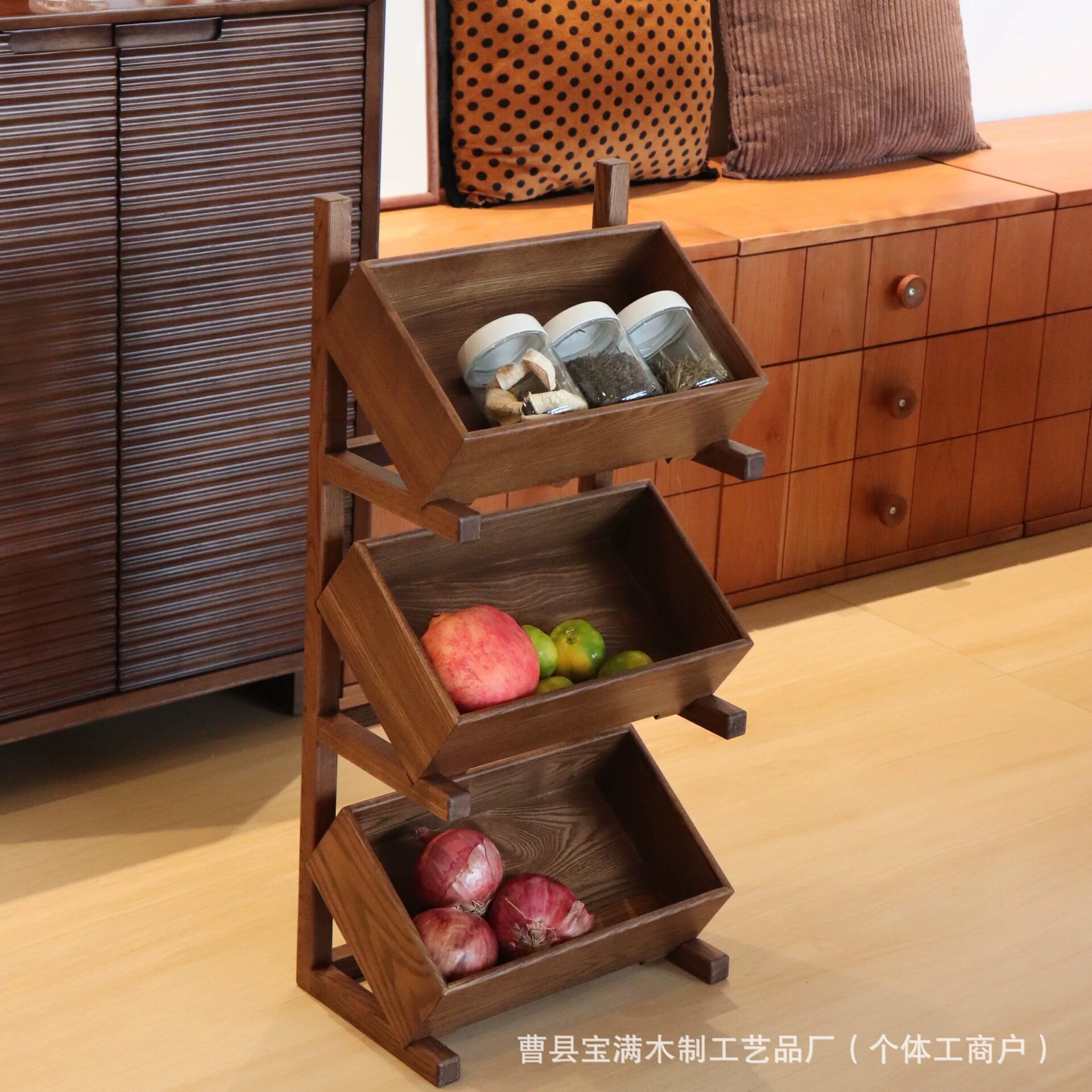 Spot Retro Floor-Standing Storage Rack Living Room Decoration Fruit Storage Basket Multi-Layer Wooden Sundry Storage Rack