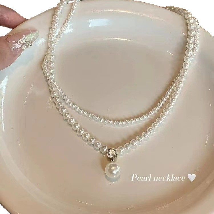 French Retro Pearl Double-Layer Necklace Millet Bead Accessories Women's High-End Accessible Luxury Niche Clavicle Chain Choker