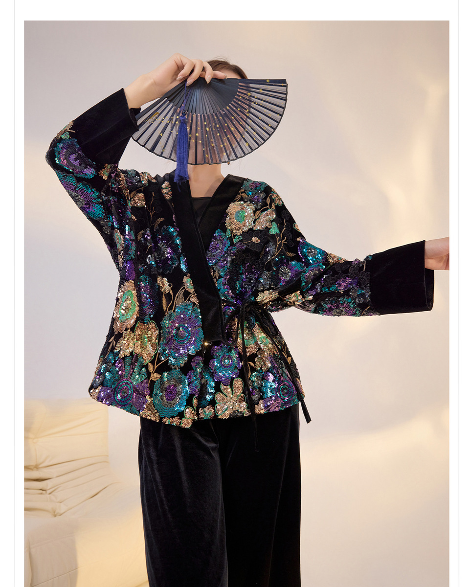 Áo khoác nữ thêu hoa đính sequin dáng ngắn cổ chữ V — Iris tím (giao hàng trong 7 ngày), Iris tím (phát hành cùng ngày)