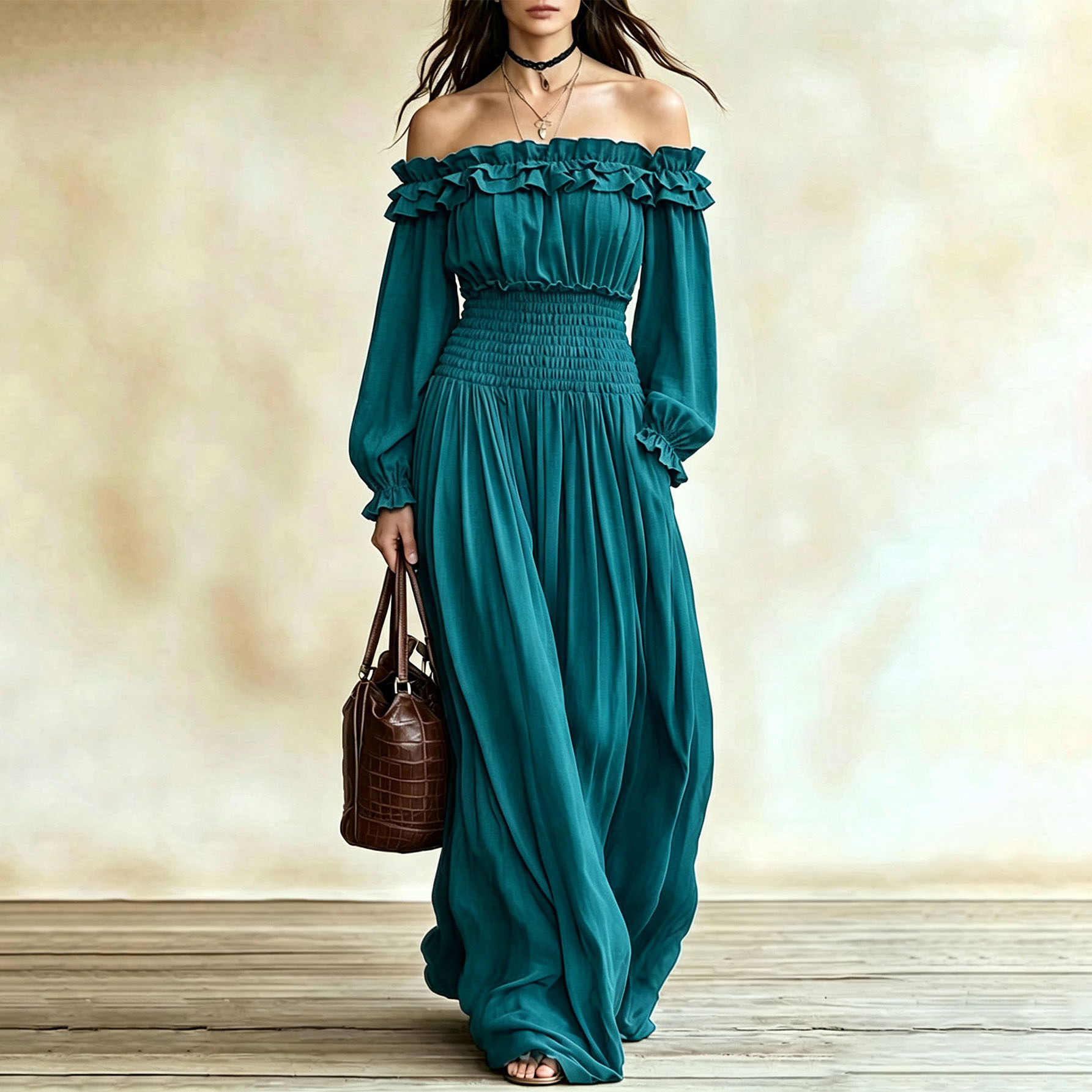 Off Shoulder Ruffled Long Sleeve Dress Waist Defining Autumn Fashion Elegant for Parties and Events Wholesale