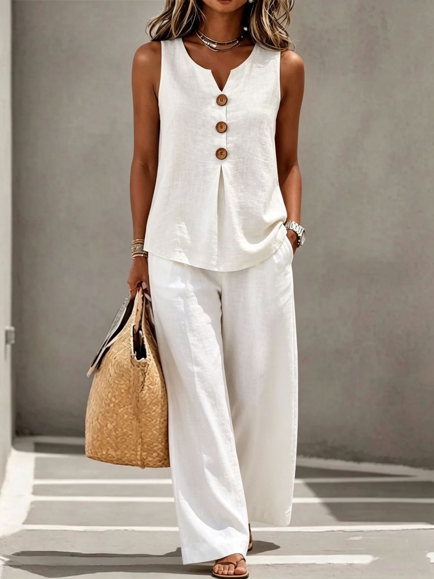 Sleeveless Button Up Top and Long Pants Set Comfortable Solid Color Summer Style Womens Casual Wear Wholesale
