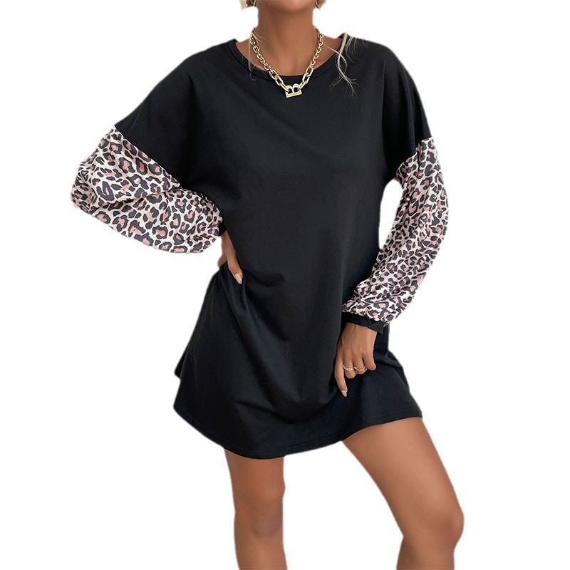 Color Block Leopard Print Hoodie Dress Flared Silhouette Long Sleeve Comfortable Fabric Casual Autumn Wear