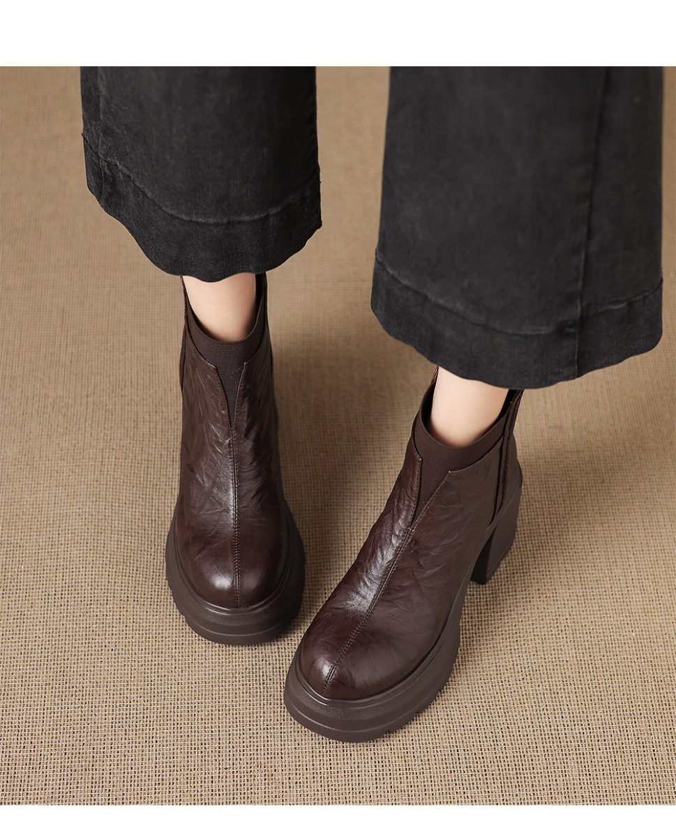 Boot Martin nữ đế dày gót thô 8cm khóa kéo sau dáng ôm chân — Lớp lót đơn màu đen, Lớp lót đơn màu nâu, Lót nhung đen, Lót nhung màu nâu