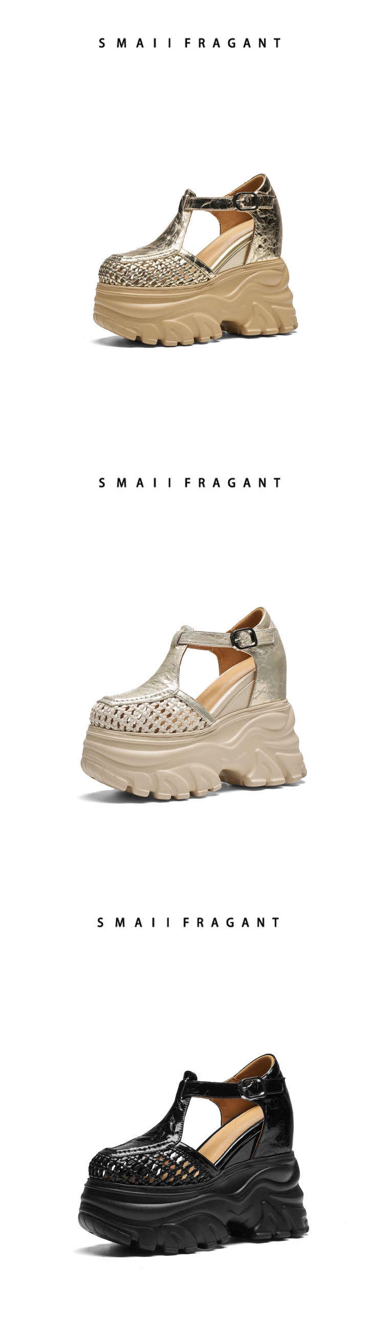 Sandal cao gót nữ đế xuồng 14cm dệt lưới mũi tròn hở mũi — [Trắng kem], [Đen], [Vàng nhạt] chi tiết 7