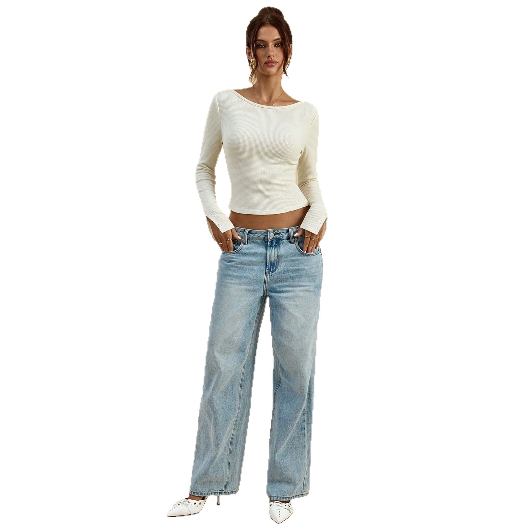Long Sleeve Knit Top Round Neck Slim Fit Waist Cinching Short Length Casual Wear Fall Winter Wholesale Available