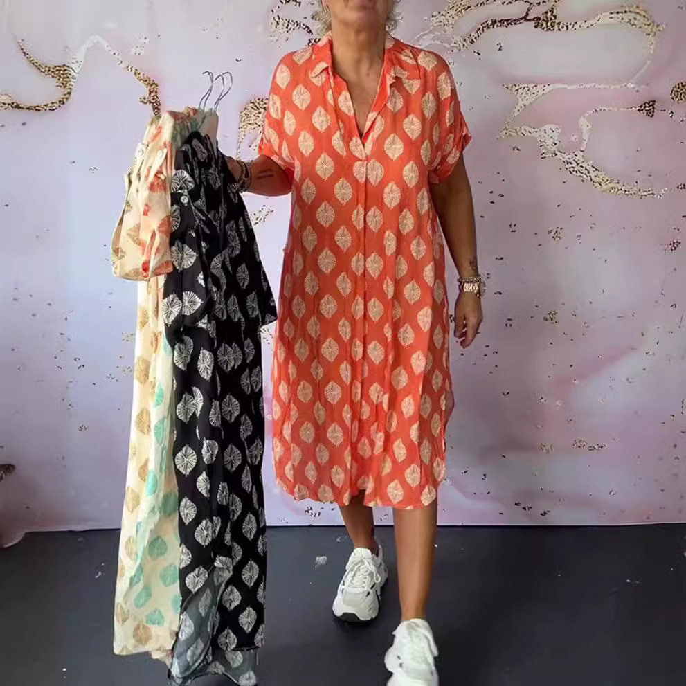 Summer Floral Print V Neck Short Sleeve Dress Loose Fit Trendy Design Womens Fashion Perfect for Casual Outings