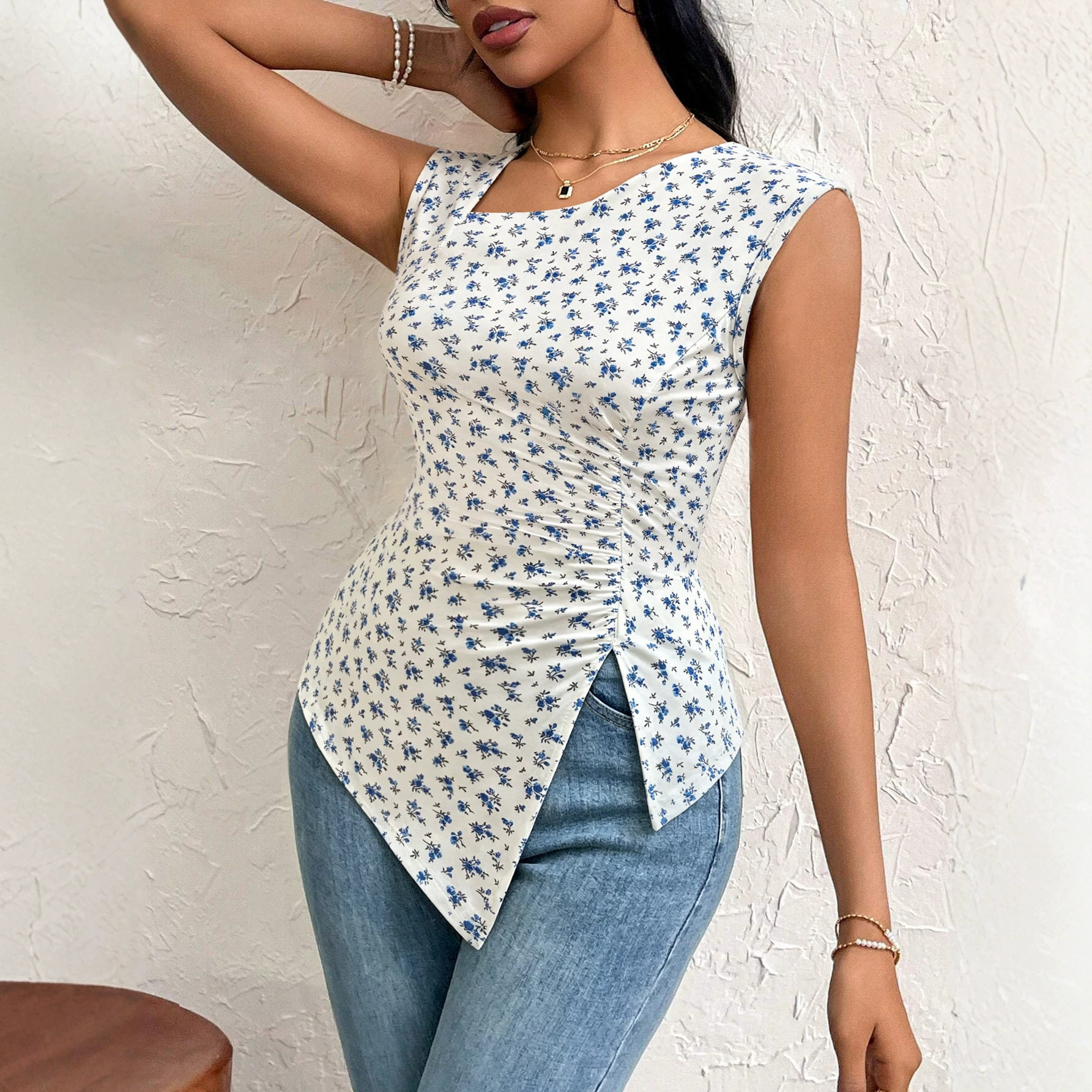 Floral Print Sleeveless Top Asymmetrical Design Waist Cinching Side Slit Casual Summer Wear Wholesale Available