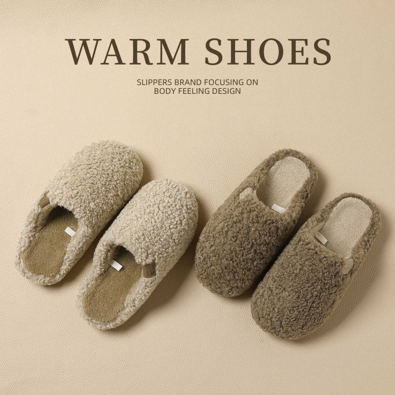 Lamb Velvet Cotton Slippers for Women Autumn and Winter New Home Indoor Warm Thick-Soled Furry Slippers for Men Winter