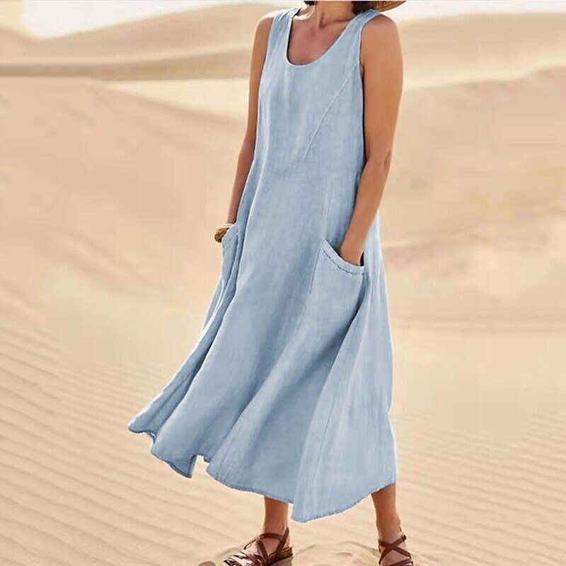 Summer Womens Cotton Linen Dress Sleeveless Round Neck Pocket Design Casual Wear for Everyday Use Wholesale