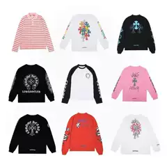 [Cross-Border Popular Chrome Heart] Round Neck Printed Double Yarn Pure Cotton Long-Sleeved T-Shirt for Men and Women