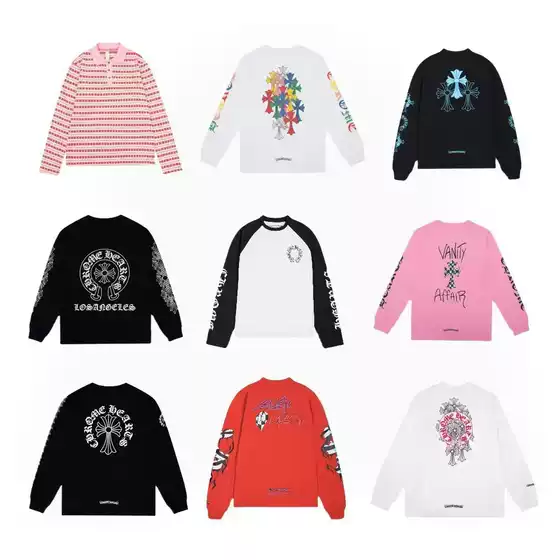 [Cross-Border Popular Chrome Heart] Round Neck Printed Double Yarn Pure Cotton Long-Sleeved T-Shirt for Men and Women