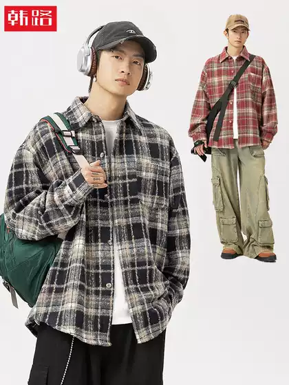 American Retro Plaid Long-Sleeve Shirt for Men, New Spring Style, Turn-Down Collar, Pocket Shirt, Textured Loose-Fitting Couple's Jacket for Women