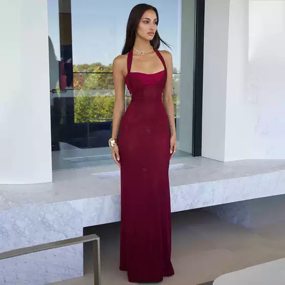 2025 Cross-Border New European and American Fashion Sexy Backless Waist Slim Fishtail Dress Elegant High-End Dress