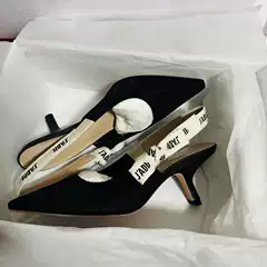 High-End Cat Heel Sandals for Women 2026 New Model D Brand Embroidered Lettering with Bow Patent Leather Pointed Toe Backless High Heels