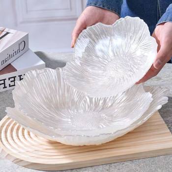 European Flower Crystal Glass Fruit Plate Household Snack Candy Plate Pearlescent White High-Value Dry Fruit Plate Snack Plate