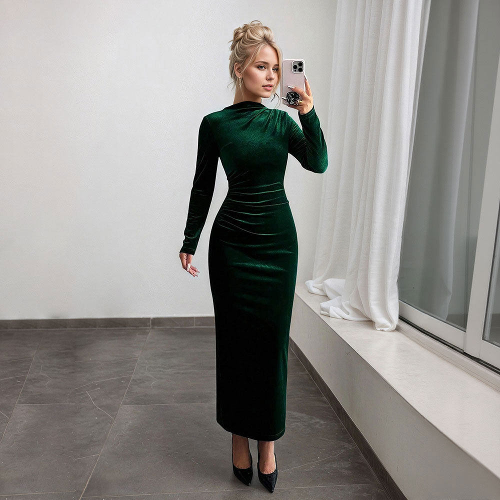 Velvet Bodycon Dress High Neck Long Sleeve Slim Fit Elegant Evening Wear for Spring Summer Wholesale Available
