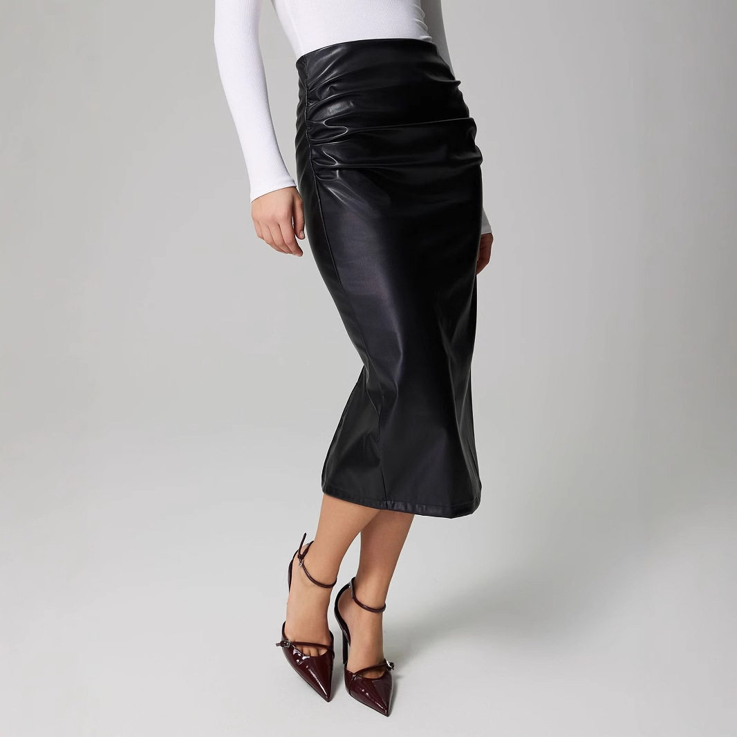 PU Bodycon Skirt High Slit Ruched Design Elegant Style Perfect for Parties and Night Out Ready to Ship