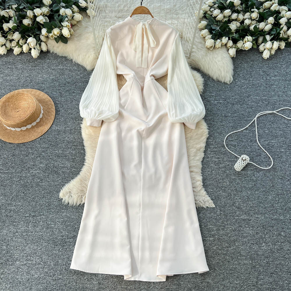 French Style Long Sleeve A Line Dress Embroidered Floral Design High Waist Flared Sleeves Elegant for Parties and