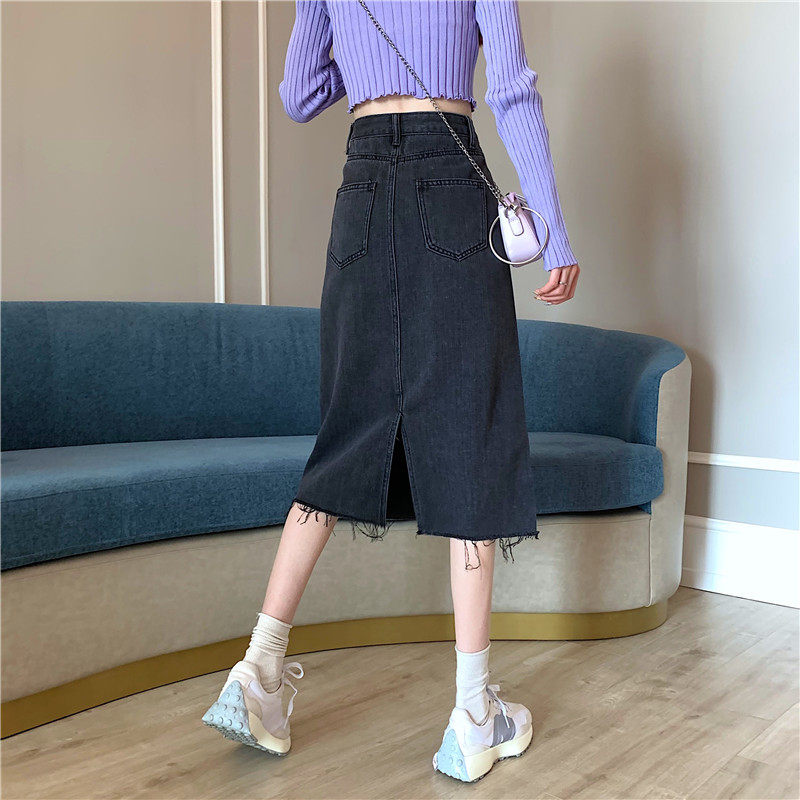 High Waisted A Line Denim Skirt Flattering Fit Split Hem Fringe Detail Casual Summer Style Wholesale Available