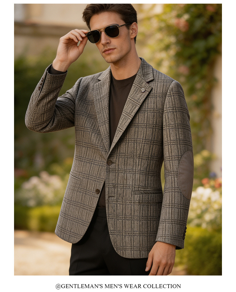 Áo blazer nam dệt kim kẻ caro phối cúc một hàng dáng ôm — Màu nâu cà phê, màu xám