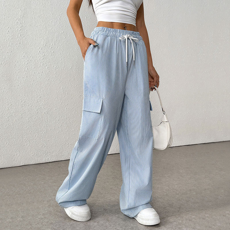 Wide Leg Striped Trousers Fresh Minimalist Design Adjustable Drawstring Summer Style Wholesale Available