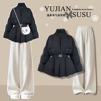 2025 Korean Fashion Women's Age-Reducing Waist-Cinching Elegant Cotton Jacket Casual Work Clothing Versatile Wide-Leg Pants Two-Piece Set