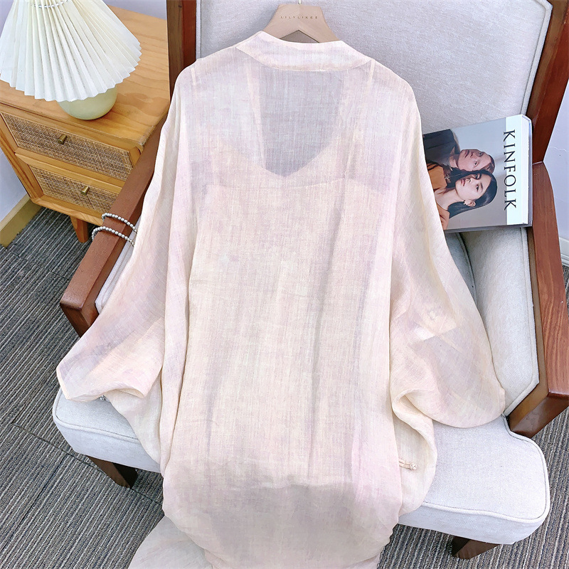 Đầm suông nữ dáng bất đối xứng phối tencel gai — Màu hồng sương mù